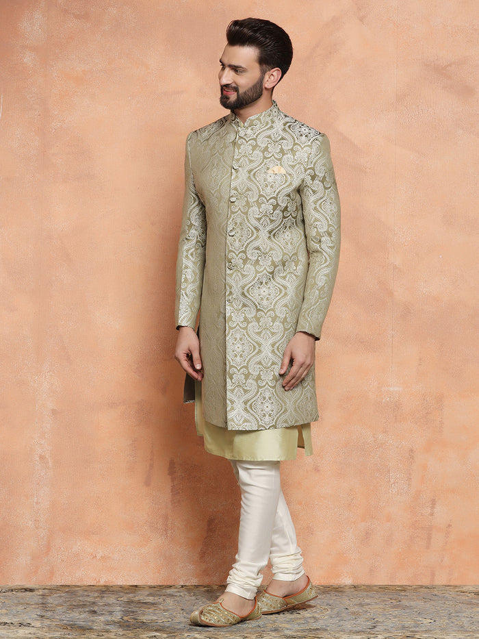 Gold Silk Blend Jacquard Sherwani Set
