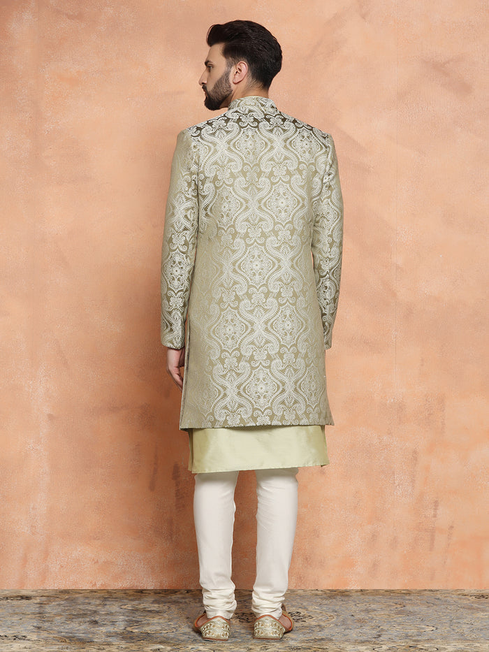 Gold Silk Blend Jacquard Sherwani Set