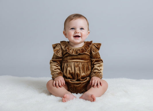 Gold Viscose Velvet Full Sleeves Ruffle Romper romper Yo Baby Wholesale
