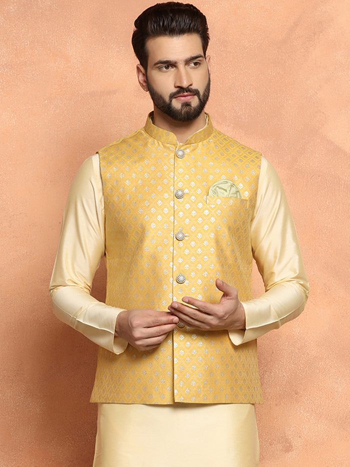 Golden Yellow Silk Blend Jacquard Nehru Jacket