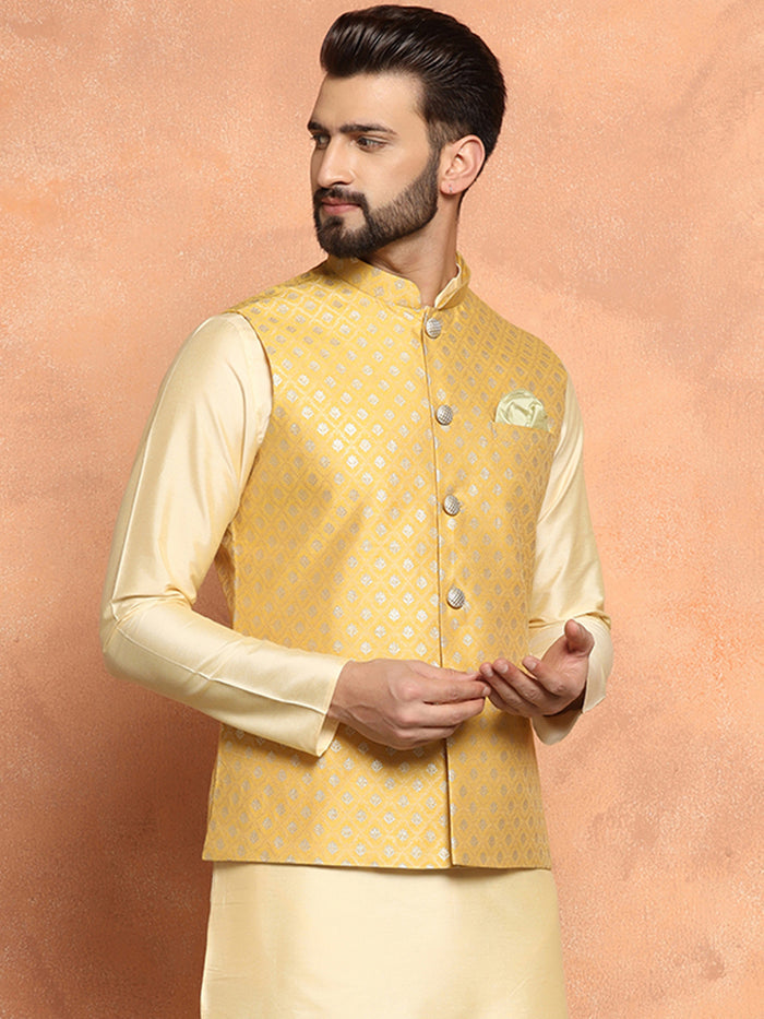 Golden Yellow Silk Blend Jacquard Nehru Jacket