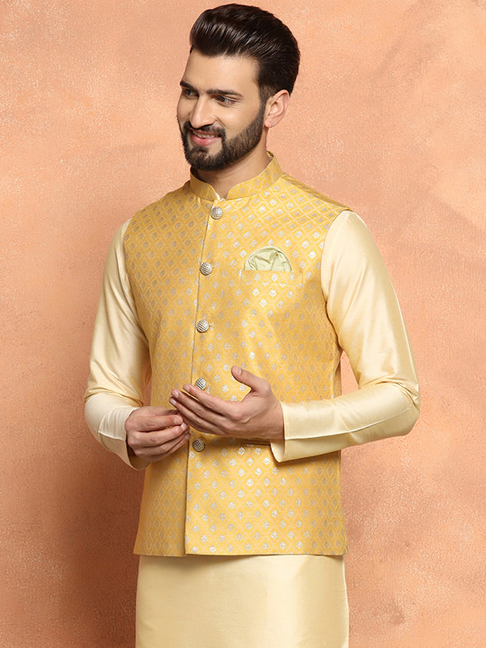 Golden Yellow Silk Blend Jacquard Nehru Jacket