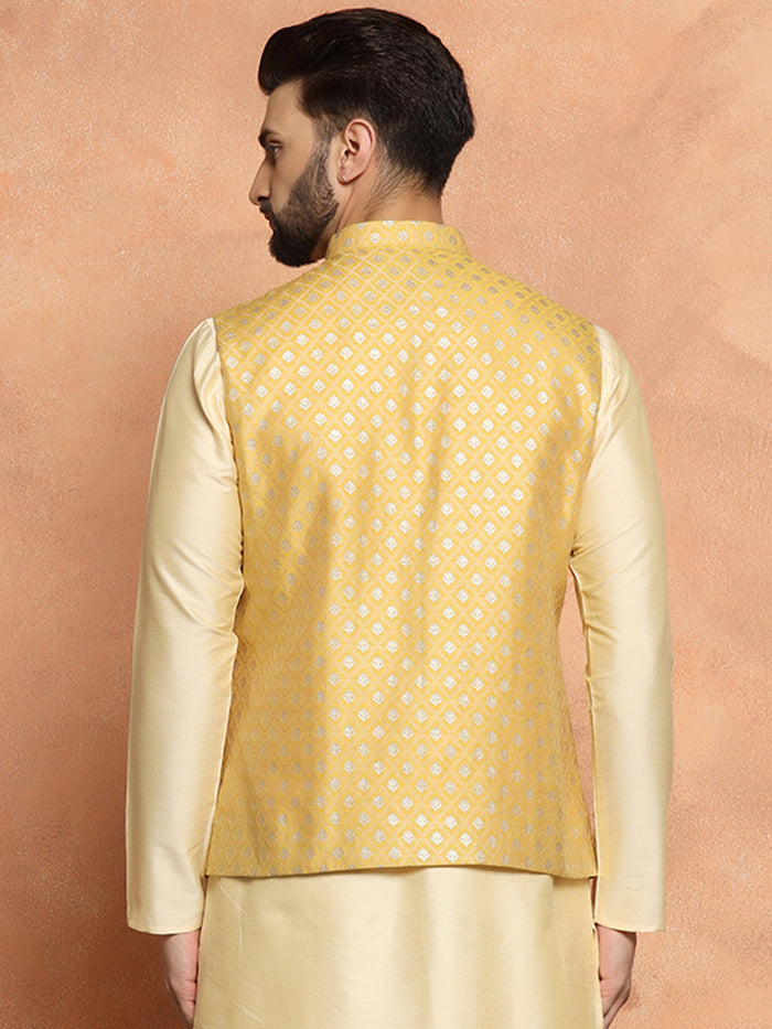 Golden Yellow Silk Blend Jacquard Nehru Jacket