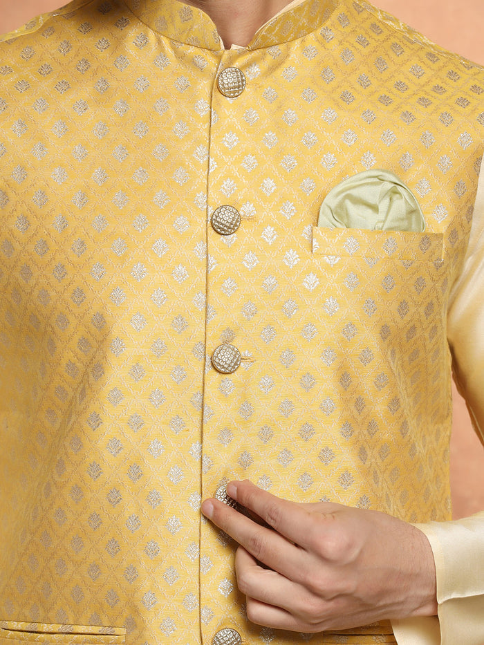 Golden Yellow Silk Blend Jacquard Nehru Jacket
