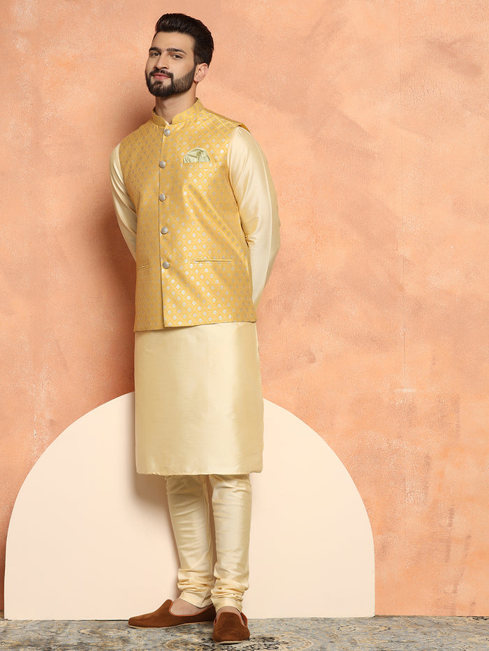 Golden Yellow Silk Blend Jacquard Nehru Jacket