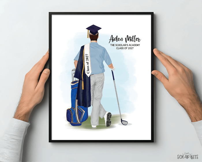 Golfer (Male) Graduation Digital Portrait, Personalized Senior Gift Illustration Print - Scrap Bits