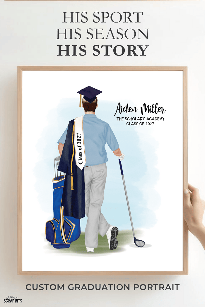 Golfer (Male) Graduation Digital Portrait, Personalized Senior Gift Illustration Print - Scrap Bits