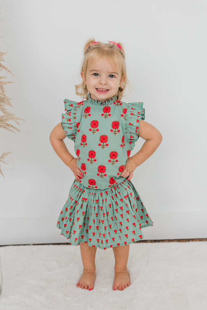 Green Floral Neck Ruffle Top & Skorts Set TOP & SKORT Yo Baby India