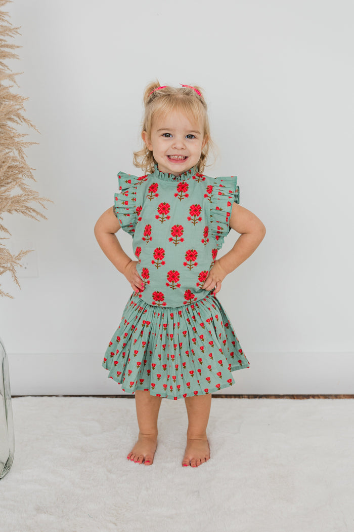 Green Floral Neck Ruffle Top & Skorts Set TOP & SKORT Yo Baby India