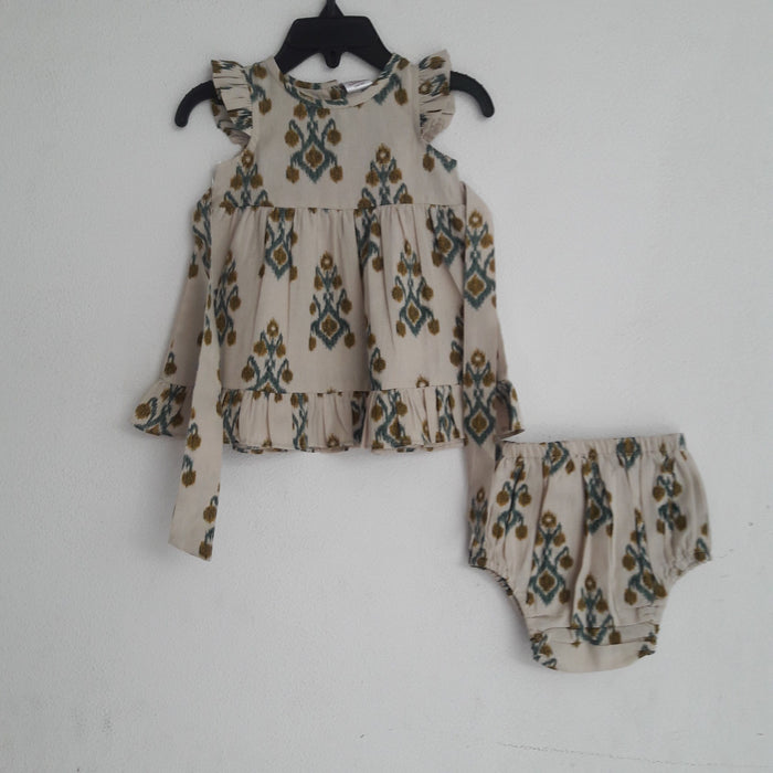 Green Mustard Angel Sleeves Print Dress With Matching Bloomer Dress Yo Baby Wholesale