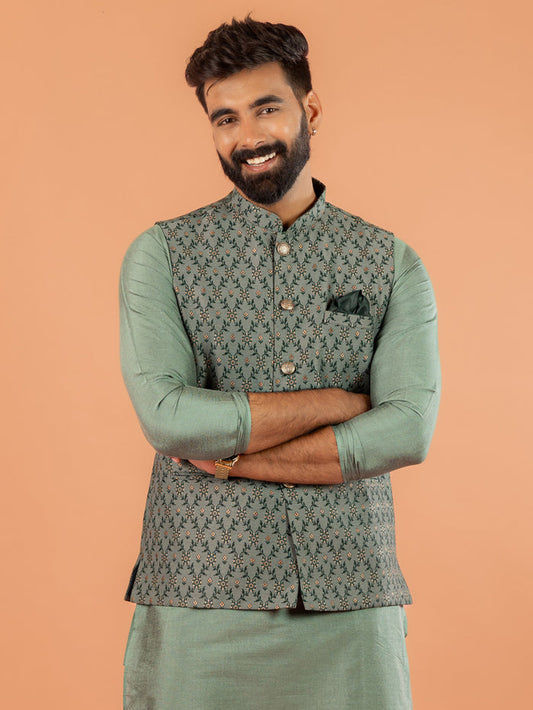 Green Silk Blend Geometric Nehru Jacket