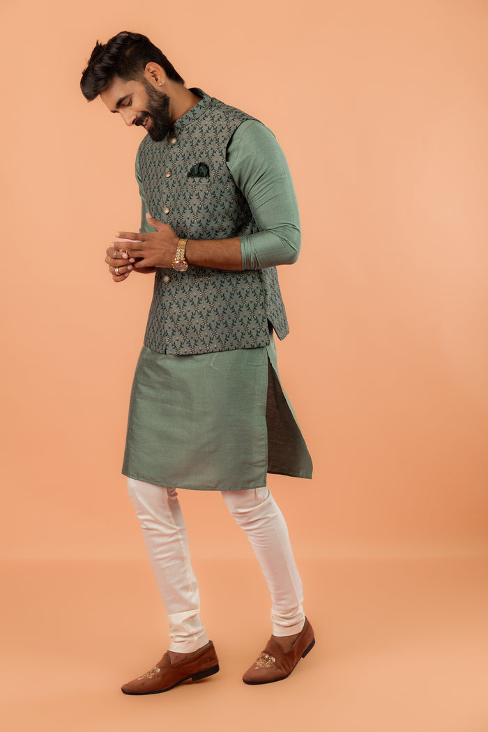 Green Silk Blend Geometric Nehru Jacket