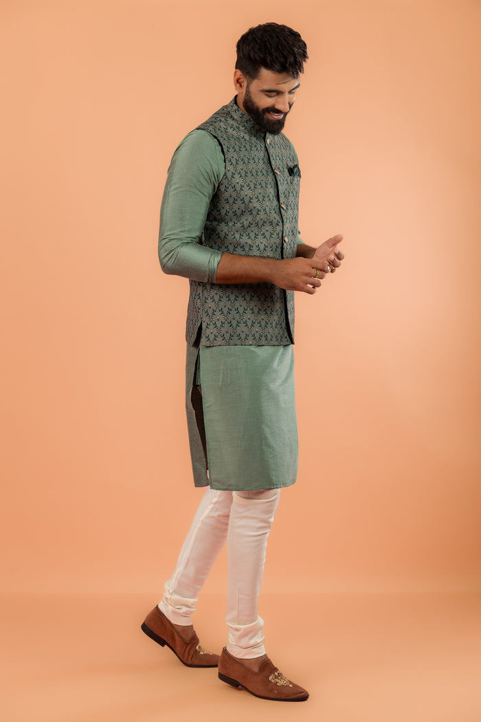 Green Silk Blend Geometric Nehru Jacket