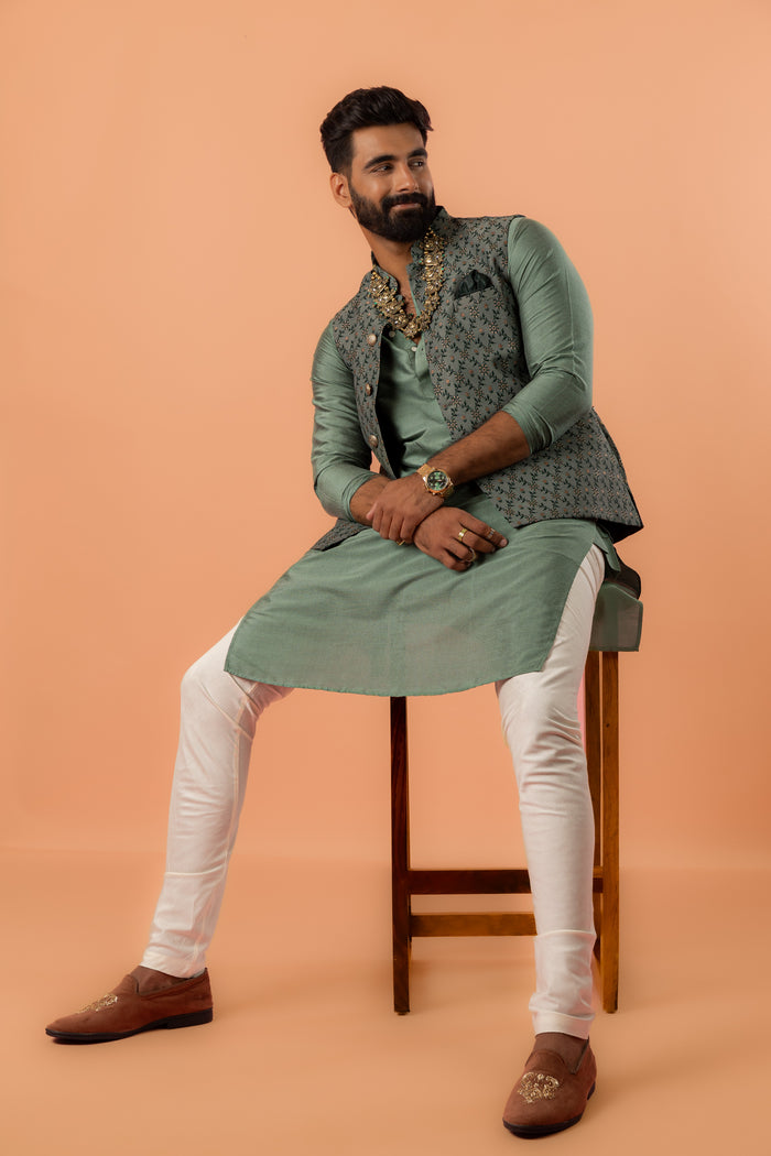 Green Silk Blend Geometric Nehru Jacket