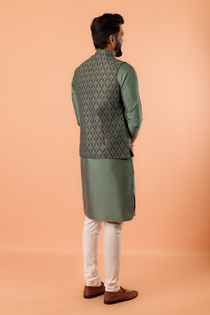Green Silk Blend Geometric Nehru Jacket