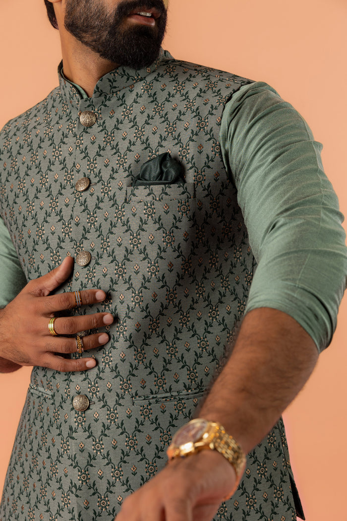 Green Silk Blend Geometric Nehru Jacket