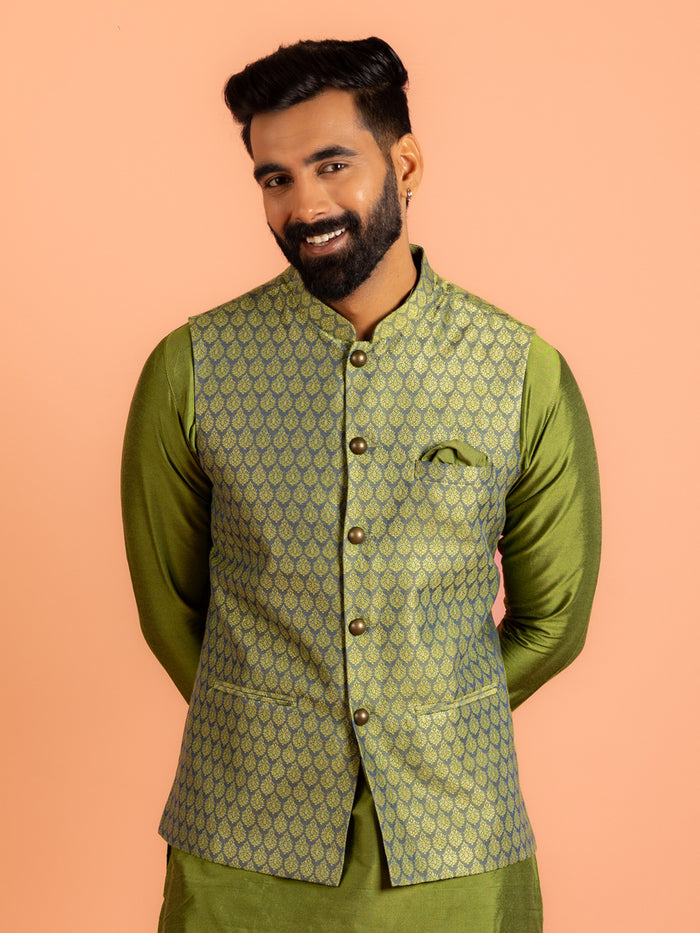 Green Silk Blend Jacquard Nehru Jacket