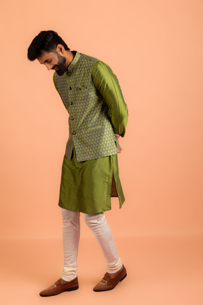 Green Silk Blend Jacquard Nehru Jacket