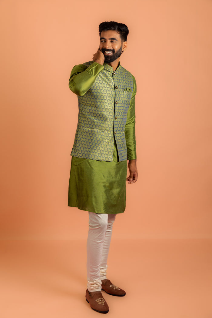 Green Silk Blend Jacquard Nehru Jacket