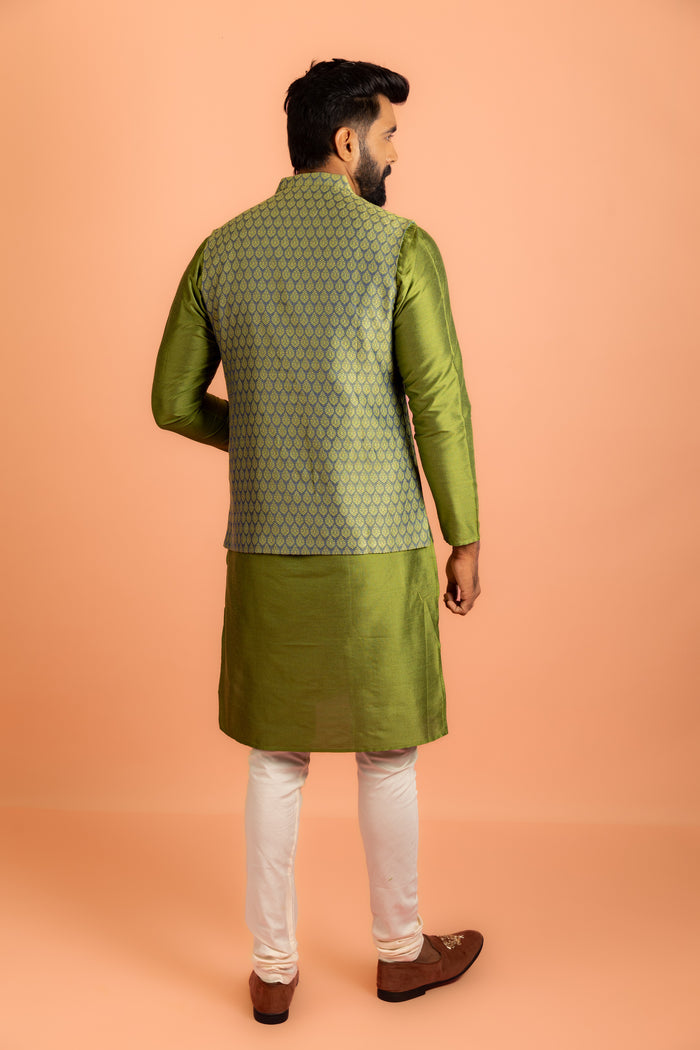 Green Silk Blend Jacquard Nehru Jacket