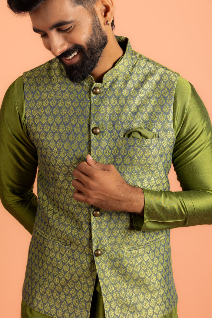 Green Silk Blend Jacquard Nehru Jacket