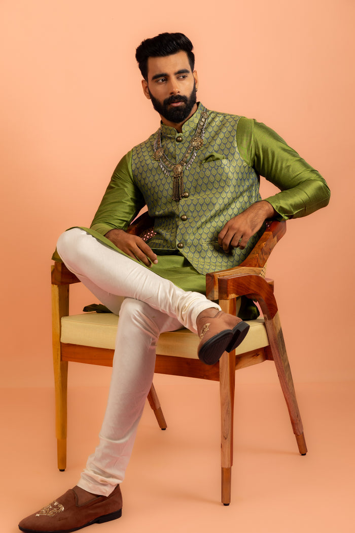 Green Silk Blend Jacquard Nehru Jacket