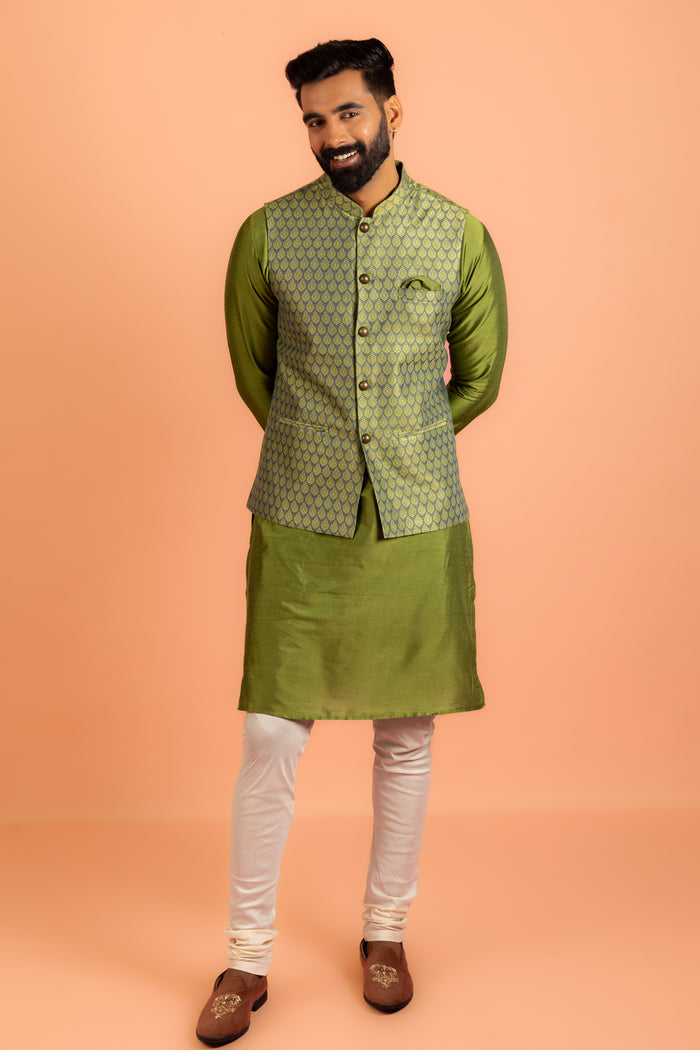 Green Silk Blend Jacquard Nehru Jacket
