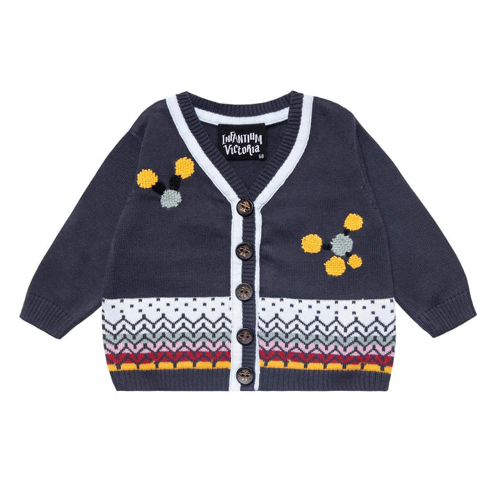 Grey knitted baby cardigan with delicate hand-embroidered details