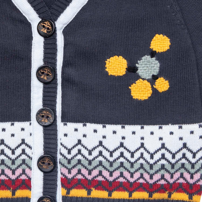 Close-up shot of hand-stitched floral embroidery on grey knitted baby cardigan