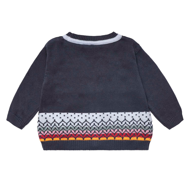 Back view of Grey knitted baby cardigan with delicate hand-embroidered details