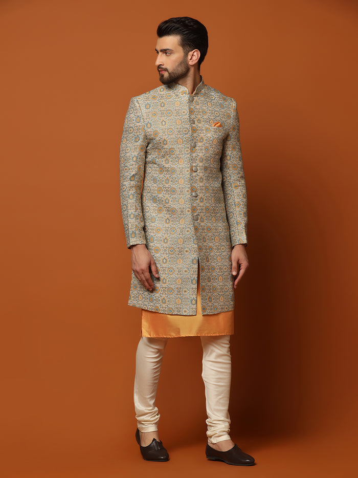 Grey Cotton Silk Printed Sherwani Kurta Churidar Set