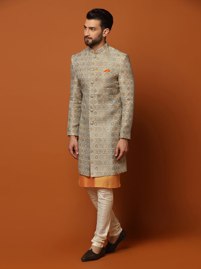 Grey Cotton Silk Printed Sherwani Kurta Churidar Set