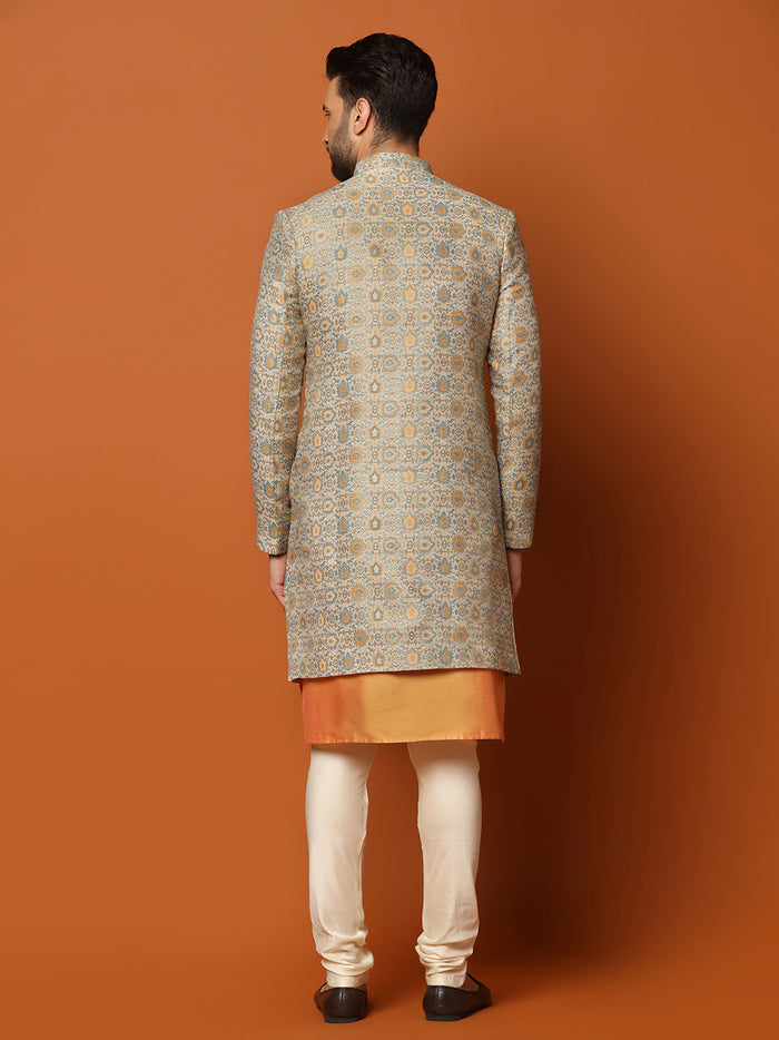 Grey Cotton Silk Printed Sherwani Kurta Churidar Set