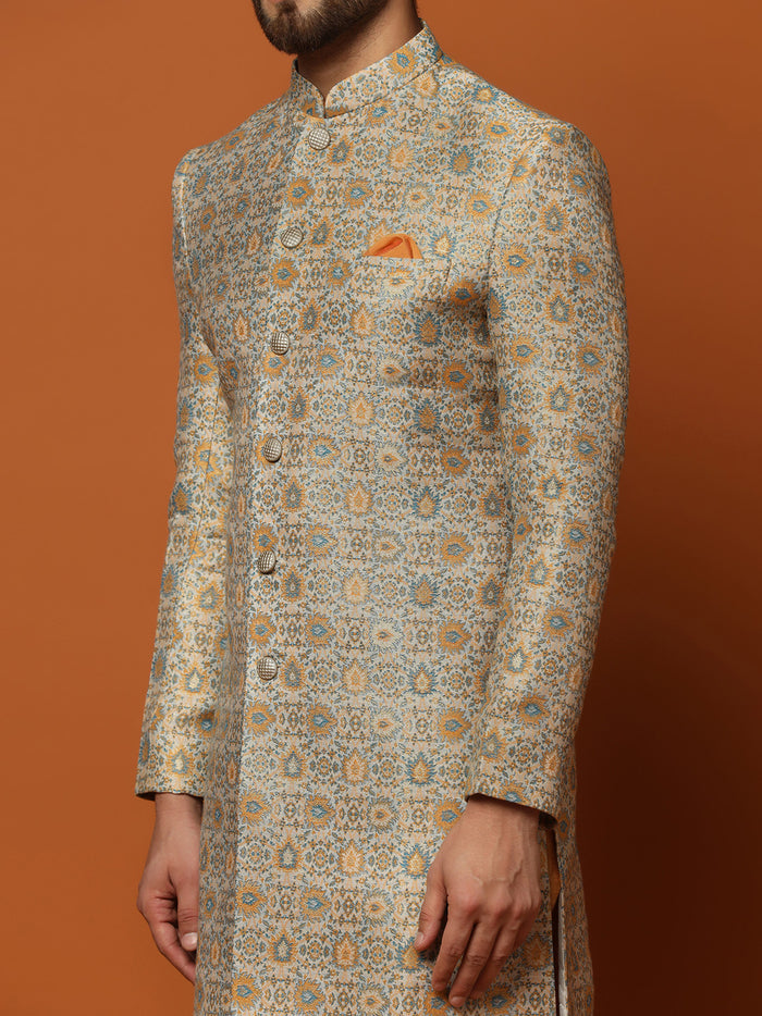 Grey Cotton Silk Printed Sherwani Kurta Churidar Set