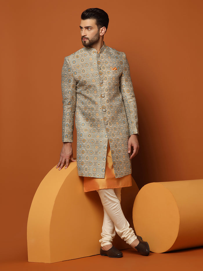 Grey Cotton Silk Printed Sherwani Kurta Churidar Set