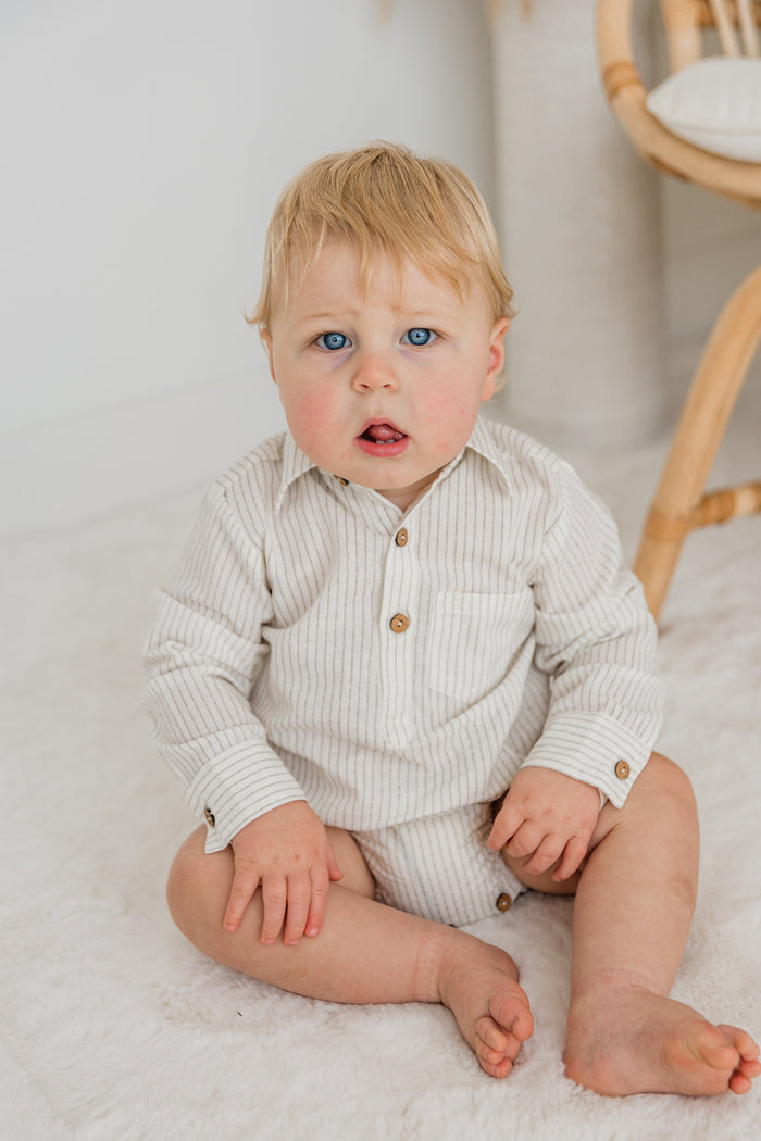 Grey Dot Stripes Print Long Sleeve Baby Romper romper Yo Baby India