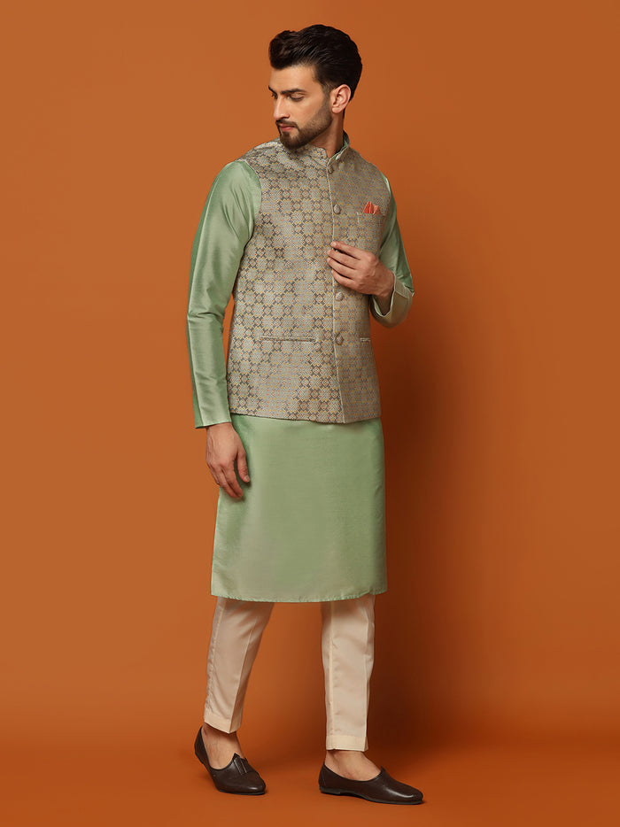Grey Golden Woven Nehru Jacket Kurta Trouser Set