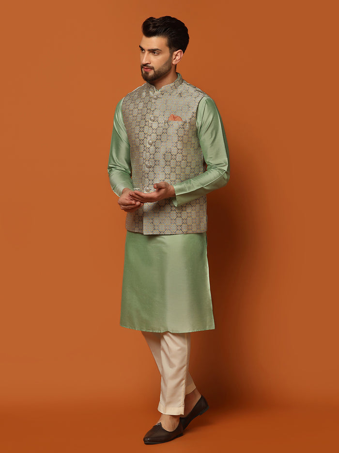 Grey Golden Woven Nehru Jacket Kurta Trouser Set