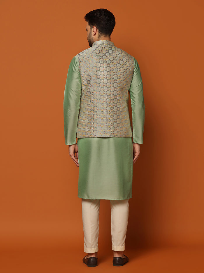 Grey Golden Woven Nehru Jacket Kurta Trouser Set