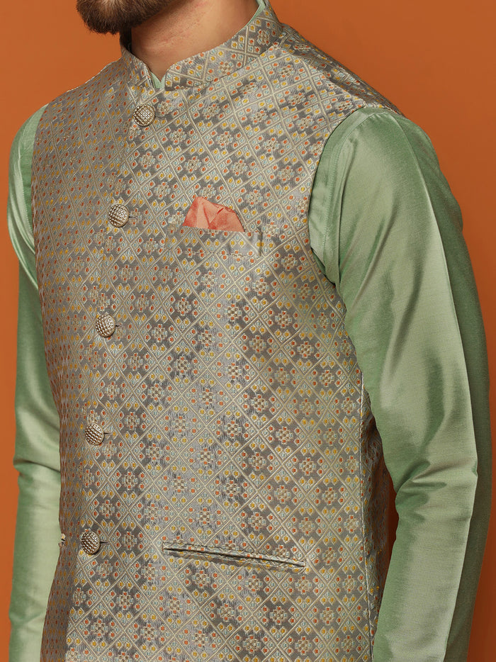 Grey Golden Woven Nehru Jacket Kurta Trouser Set