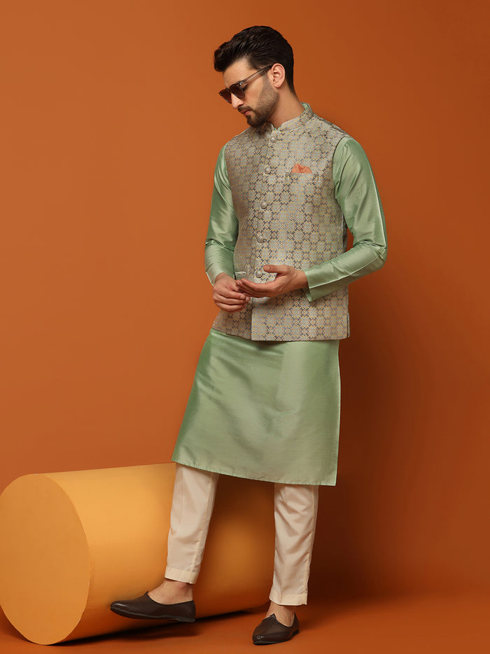 Grey Golden Woven Nehru Jacket Kurta Trouser Set
