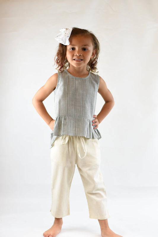 Grey Pinstripe High-Low Top & Drawstring Cropped Pants Set Dress Yo Baby Wholesale