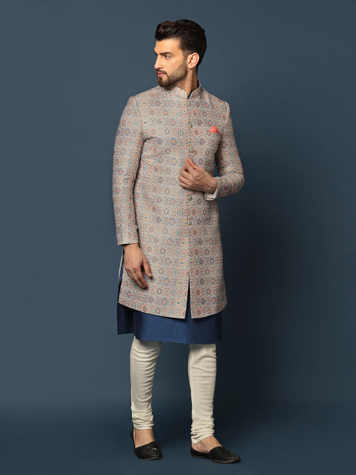 Grey Printed Indo-Western Jacket Set