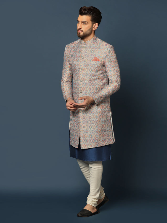 Grey Printed Indo-Western Jacket Set