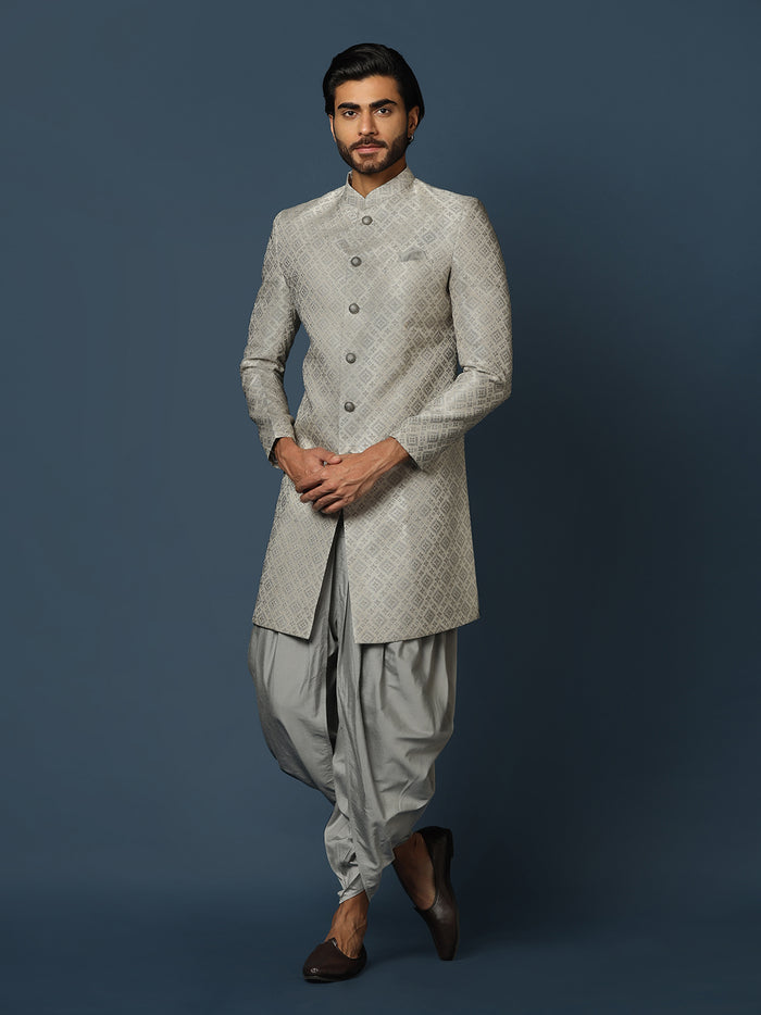Grey Silk Blend Geometric Indowestern Sherwani with Dhoti