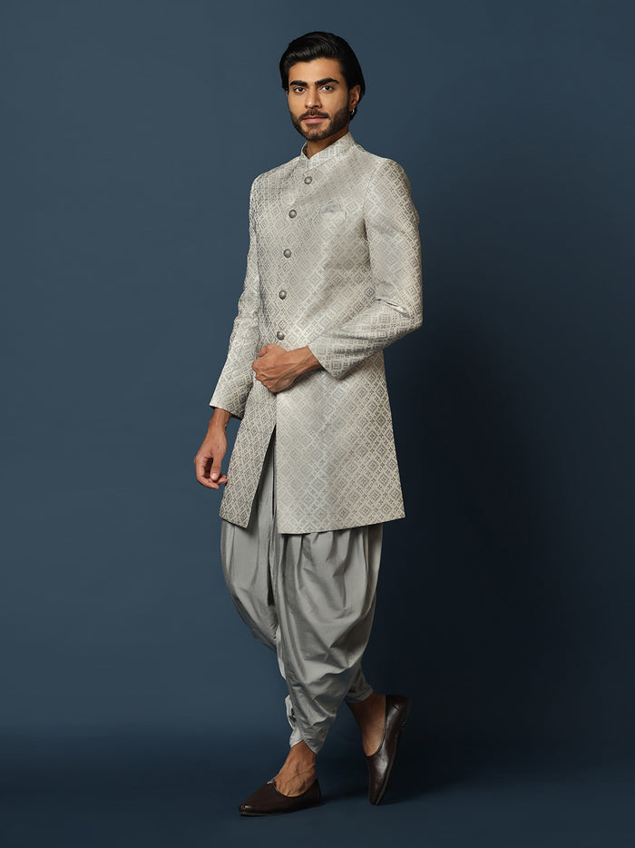 Grey Silk Blend Geometric Indowestern Sherwani with Dhoti