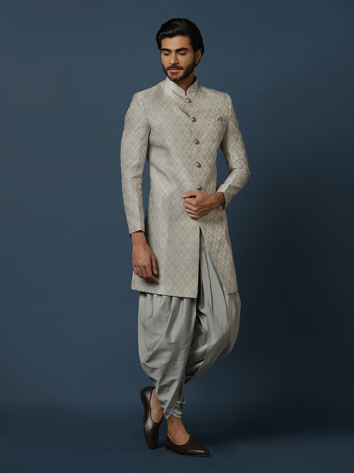 Grey Silk Blend Geometric Indowestern Sherwani with Dhoti
