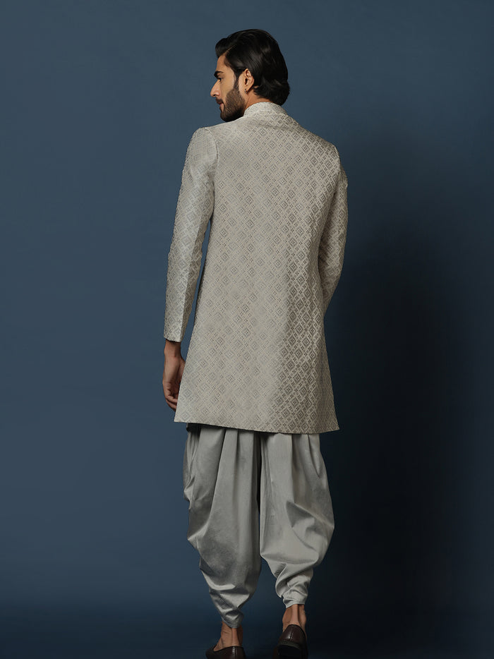 Grey Silk Blend Geometric Indowestern Sherwani with Dhoti