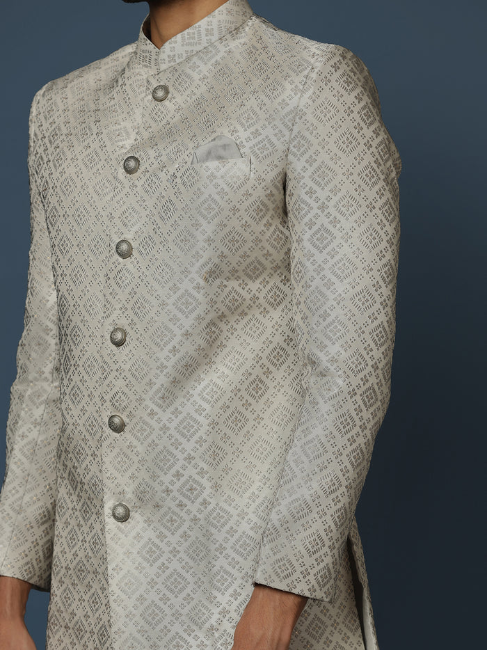 Grey Silk Blend Geometric Indowestern Sherwani with Dhoti