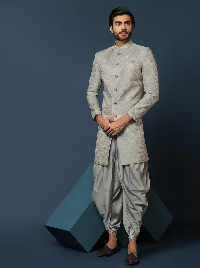 Grey Silk Blend Geometric Indowestern Sherwani with Dhoti